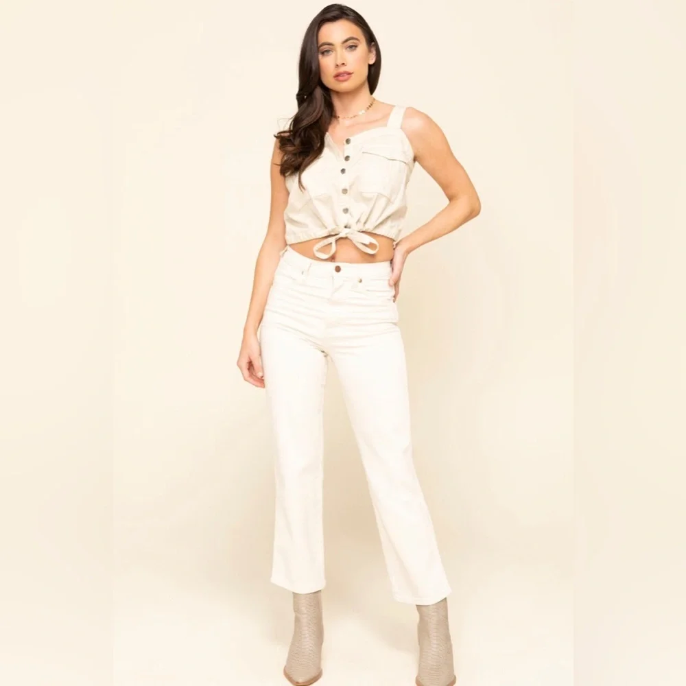 FREE PEOPLE We The Free Palm Desert Cream Denim Crop Top Tank Size XS